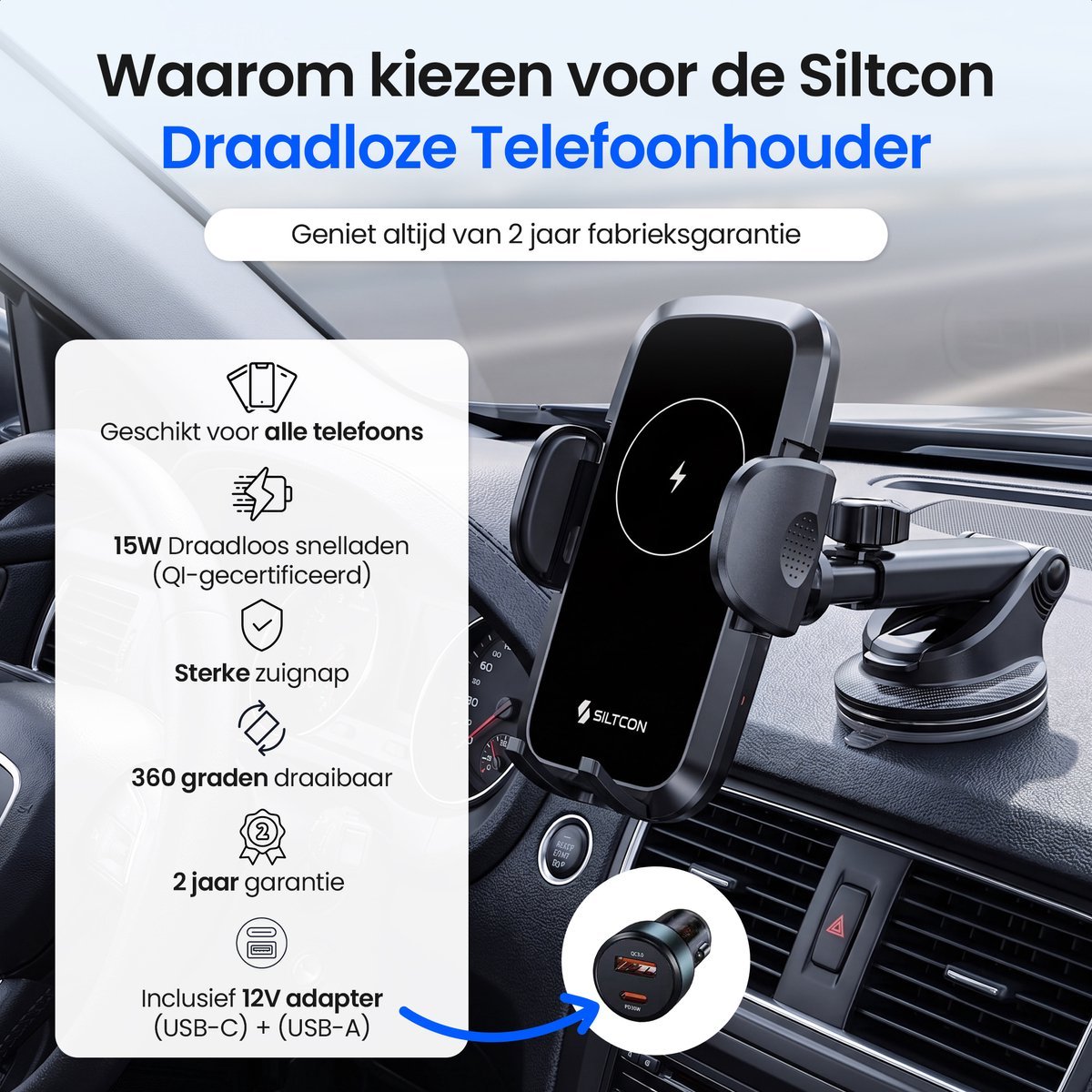 Siltcon Telefoonhouder met Qi-oplader telefoonhouder-auto