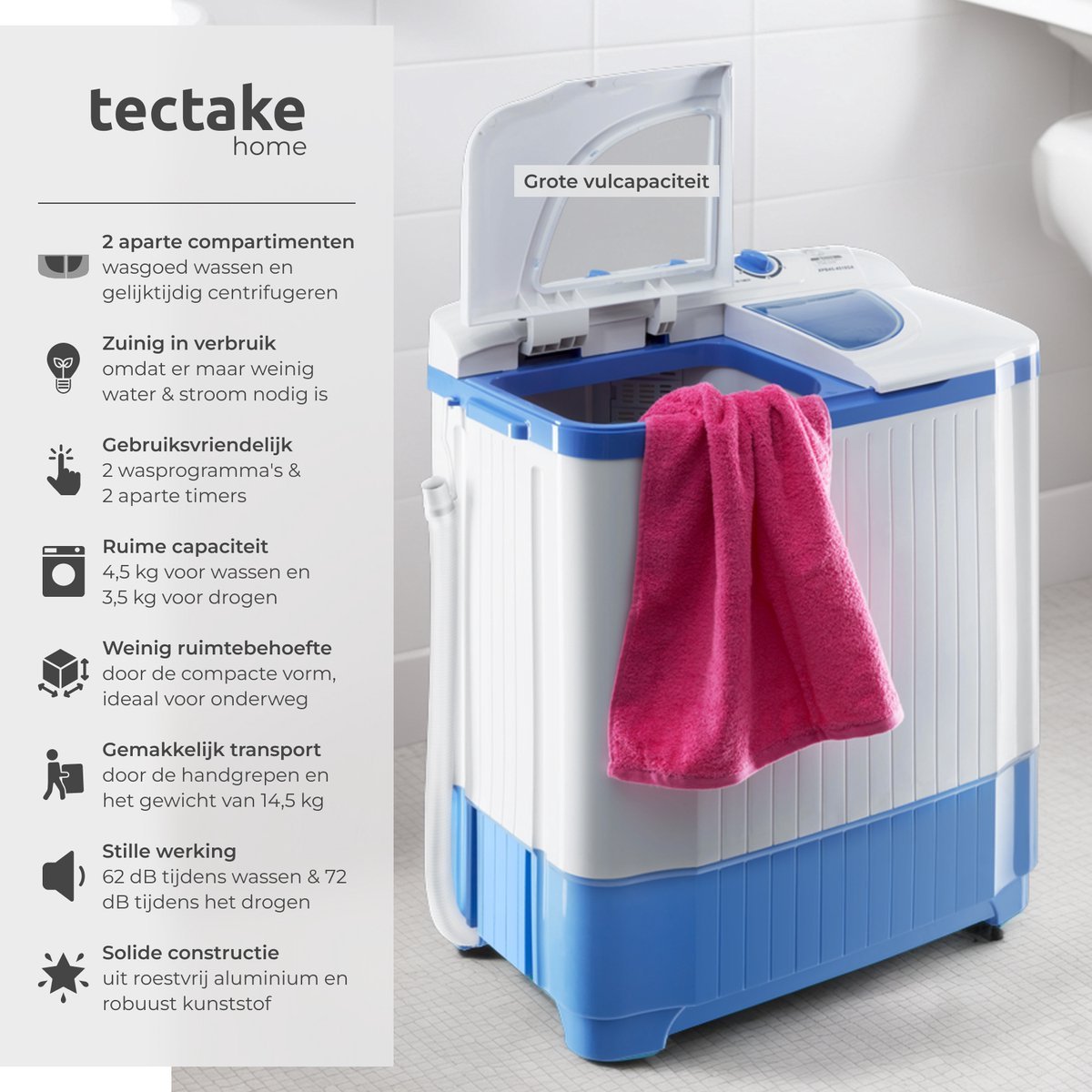 tectake Was-Droogcombinatie 4,5 kg mini-wasmachine